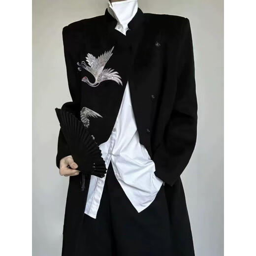 The new Chinese style men's crane embroidered woolen coat men's autumn and winter hidden button mid-length stand-up collar windbreaker jacket suit Crane embroidered jacket + white bottoming shirt + black trousers M recommended 90-105 Jin Jin equals 0.5 kg