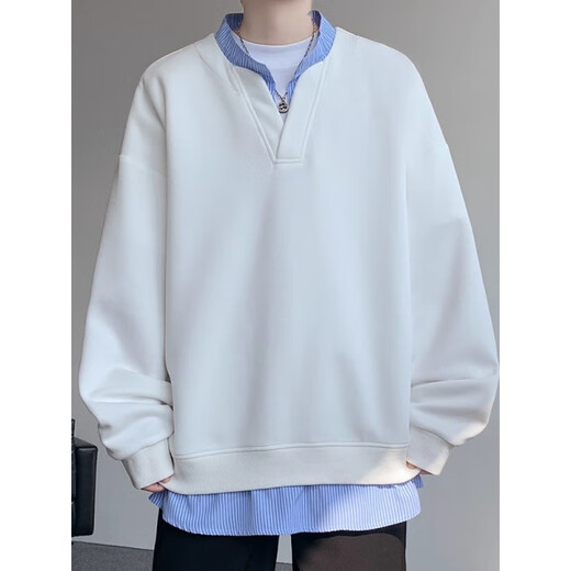 Quezhiyin autumn fake two-piece long-sleeved T-shirt for men 2025 new American fashion brand V-neck Henry collar bottoming shirt sweatshirt white L