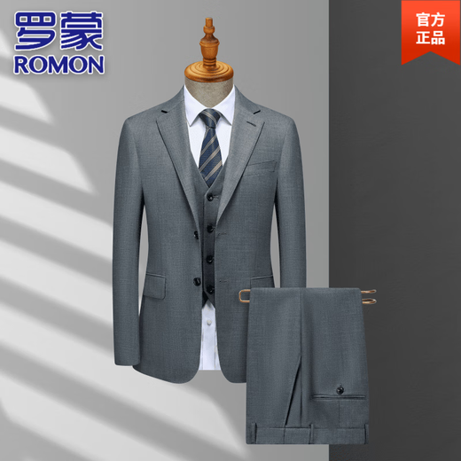 ROMON 100% Australian Sheep Wool Men's Suit Fashionable Double Slit Business Wedding Dress Work Commuting Suit Gray 100% Wool (Top + Pants + Shirt) Free Clothes and Tie 2XL Weight 141-155 Height 170-175 (48B)