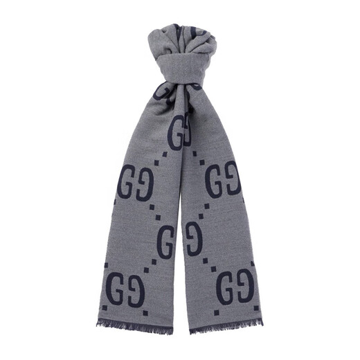 Gucci (GUCCI) scarf double G pattern jacquard wool dark and light color double-sided scarf couple model 190x35cm New Year gift light gray/dark blue 495592 4G350 4063