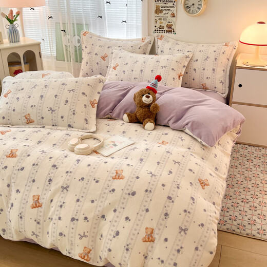 Hongdou ins autumn and winter bed four-piece milk velvet thickened double-sided flannel coral velvet bed sheet and quilt cover plus velvet three-piece set 4 Warm baby thickened warm milk velvet 1.5 fitted sheet four-piece set - suitable for 200*230cm quilt core