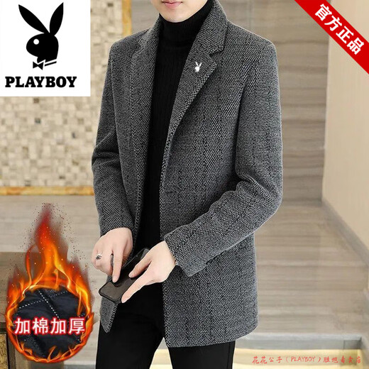 Playboy mid-length woolen coat men's winter coat middle-aged new suit collar business casual thickened dad suit black autumn and winter plus velvet 2XL