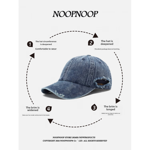 American retro washed ripped denim baseball cap with large waist for men, Korean internet celebrity fashion pointed hat for women, black_- ripped denim baseball cap, adjustable (54-62CM)