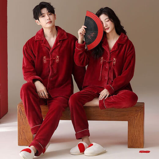 Victoria style coral pajamas for couples red newlywed flannel zodiac year home clothes for men autumn and winter wedding thickened suit A58772 female 58771 male M female