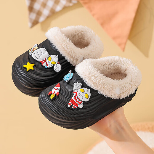 EVA children's cotton slippers Ultraman winter cartoon cute anti-slip plus velvet warm waterproof parent-child cotton shoes EVA warm anti-slip upgraded version green 30 inner length 17-17.5cm