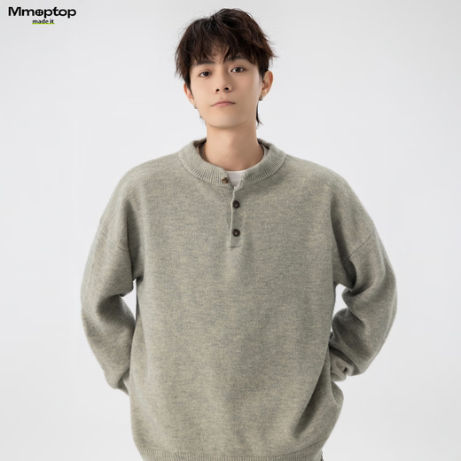 MMOPTOP Retro Henry Collar Sweater Men's Autumn and Winter Warm Loose Casual All-match Knitted Sweater MY109 Light Gray XL