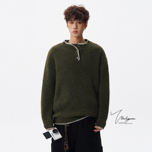 V37 American contrast lace Henry collar sweater for men in autumn retro loose lazy style couple pullover sweater apricot XL