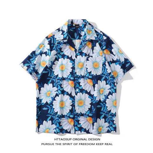 Smart Dog Flower Hemd Retro Hong Kong Stil Männer Hawaiian Style Kurzarm gebrochene Frauen Hong Kong Stil gut aussehender Strandhemd Big White 7027 m