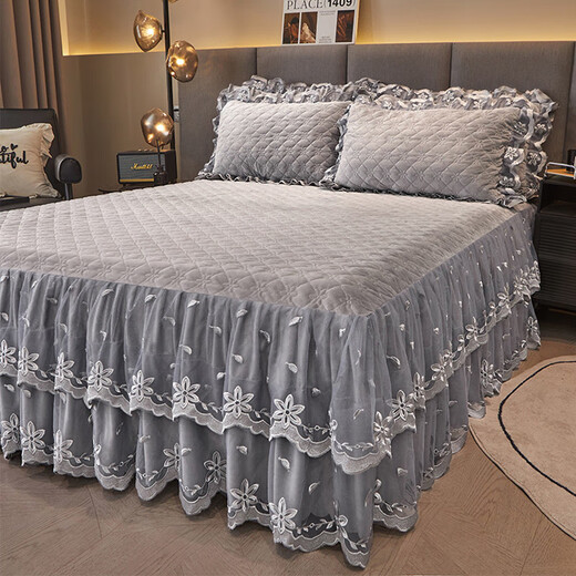 Fantasy thickened high-end baby velvet quilted bed skirt bed cover single piece red high-end lace autumn and winter Shengshi Landai-plain silver gray high-end baby velvet thickened and warm 200cmx220cm bed skirt + pillowcase 2 pieces