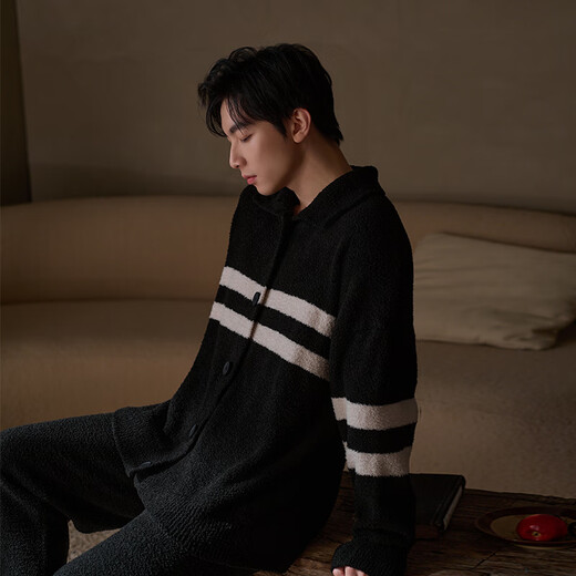 Sha Qian 2025 New Couple Pajamas Autumn and Winter Thickened Half Velvet Women's Home Clothes Cardigan Striped Outer Suit L857014-L957014 Black L Male (Height 171-180, Weight 131-160)