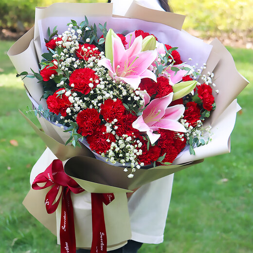 Xinyi Flower Express Roses and Carnations Bouquets as Gifts for Mom and Elders Nationwide Flower Delivery in the City 19 Carnations and Lilies Mixed and Matched Bouquets in Gypsophila Style