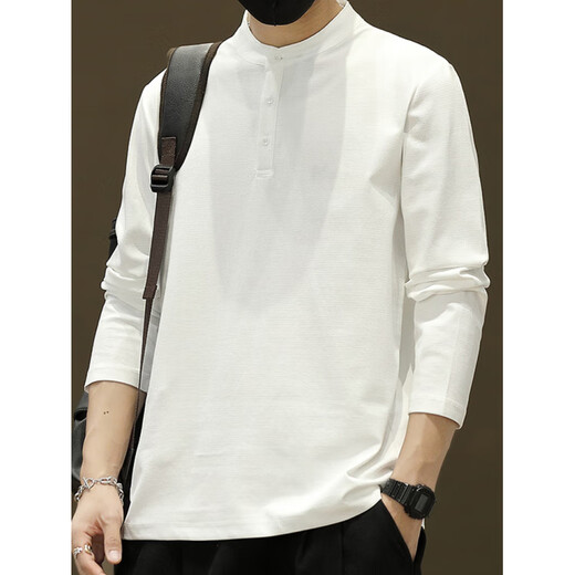 Falling retro Henry collar long-sleeved T-shirt men's new spring and autumn ins winter wear velvet thickened sweatshirt bottoming shirt white L 120Jin Jin is equal to within 0.5 kg