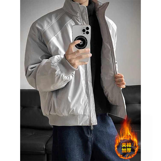 Katuchi American trendy brand stand collar cotton coat men's winter thickened warm vintage cotton coat handsome jacket gray quilted style XL