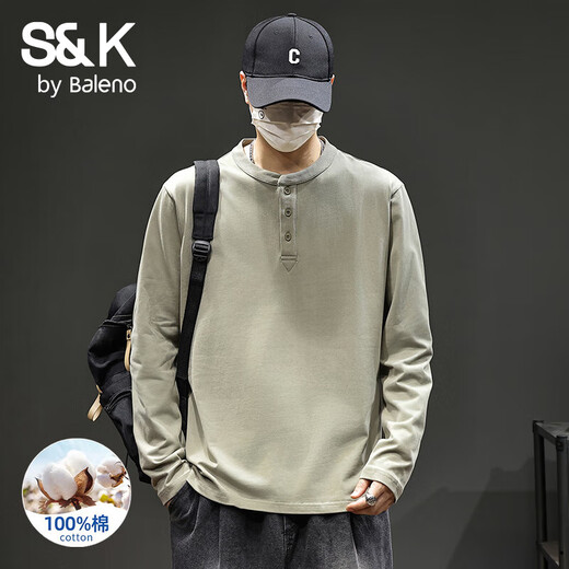 Baleno S&K series new men's pure cotton casual long-sleeved T-shirt loose spring and autumn trendy brand Henry collar bottoming shirt sweatshirt light green pure cotton 3XL recommended 160-180Jin Jin equals 0.5 kg