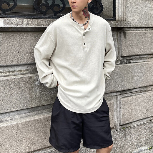 Chaoyunyue Spring and Autumn Henry Collar Loose Sweatshirt Men's Casual Bottoming Shirt American Retro Pullover Polo Shirt QS-T54 Apricot M