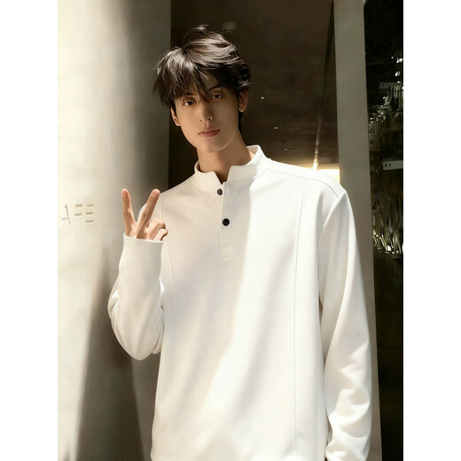 Maorong Warm Autumn Black American Henley Collar Sweatshirt Men's Autumn and Winter Heavy Duty Right Shoulder Long Sleeve Polo Shirt with Bottoming Shirt Black Upgraded M