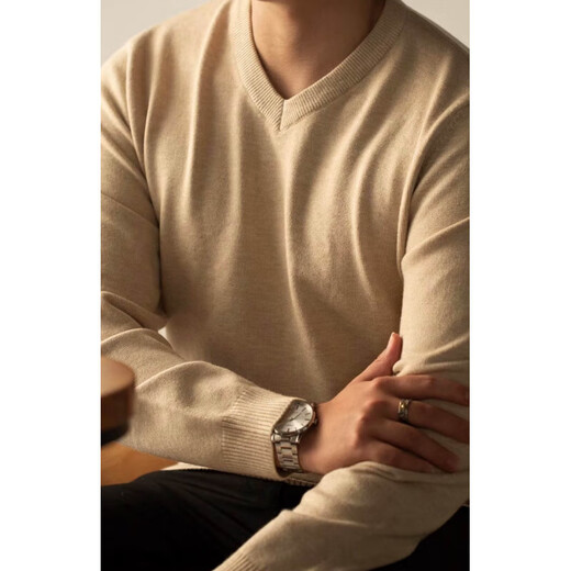 Tough guy v-neck American sweater men's slim-fit core-spun yarn sweater Henry collar solid color bottoming sheep khaki 3XL