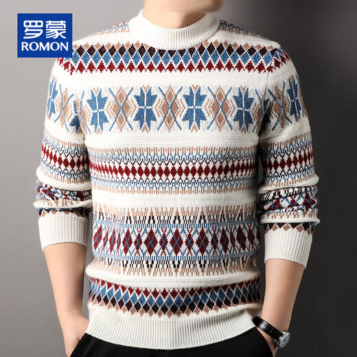 ROMON 100% pure wool sweater for men in autumn and winter, thickened and warm, half turtleneck, retro pattern, young and middle-aged sweater, bottoming shirt for men