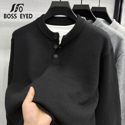 BOSS EYED men's autumn and winter round neck buttoned casual sweater youth trendy sweater high weight Henry collar casual NKY-25216 black L recommended 120-130Jin Jin equals 0.5 kg