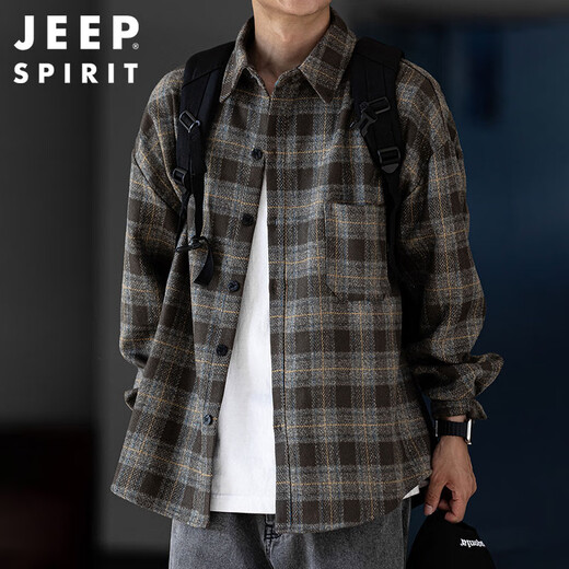 JEEP SPIRIT吉普磨毛加厚格子衬衫男秋冬季工装长袖衬衣休闲外套 深灰色 XL