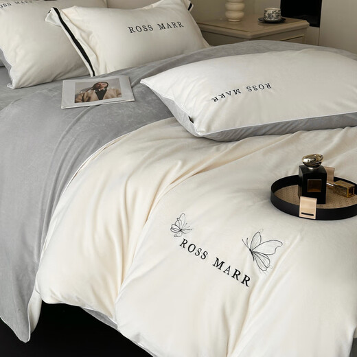 Hengyuanxiang high-end baby velvet warm four-piece set winter new thickened milk velvet sheets and quilt covers bedding category a baby velvet-white gray bed sheet 1.5m (5 feet)