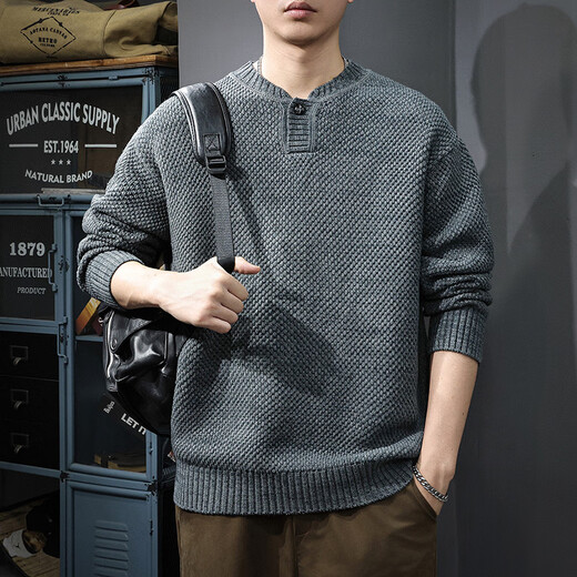 Chaotishi Autumn Trendy Japanese Retro Henley Collar Sweater Men's Pullover Loose Knitwear Autumn and Winter New Style Inner Sweater Floral Gray S 90-115Jin Jin is equal to 0.5 kg