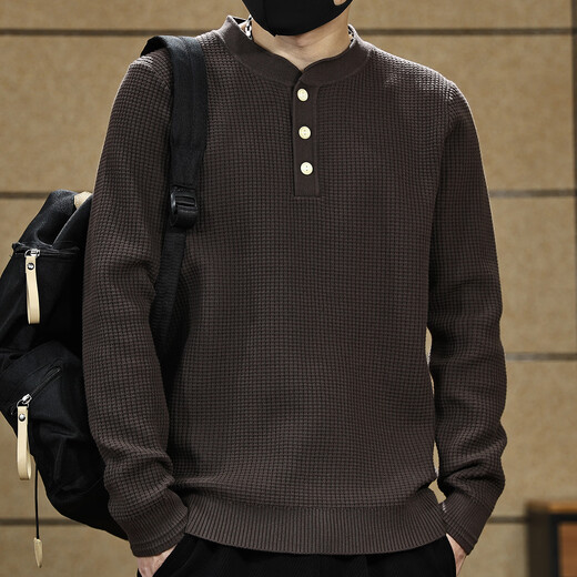 Yilang cool American retro Henry collar solid color sweater men's autumn new loose heavyweight high-end textured sweater for men red coffee L suitable for 130-145Jin Jin equals 0.5 kg