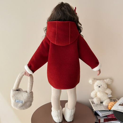 靓贝城堡女童加绒冬装外套2025新款洋气宝宝加厚保暖一体绒中长款呢大衣 红色带围巾 110