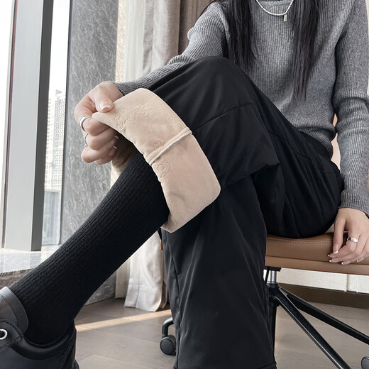 KOVLLIAEN Down Pants Women's Winter Fashion Straight Thickened Warm Plush Pants High Waist Coldproof Nine-Point Cotton Pants for Small People Black XL