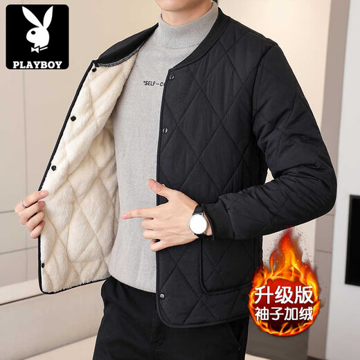 Playboy (PLAYBOY) men's velvet thickened lining cotton-padded jacket, down jacket, autumn and winter base layer, small cotton-padded jacket, warm short jacket, black XL