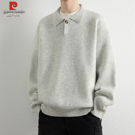 Pierre Cardin lazy style lapel thickened loose casual sweater men's winter old money style Henry collar sweater jacket knitted cloud yarn gray M Height 160-165cm Weight-120Jin Jin equals 0.5 kg