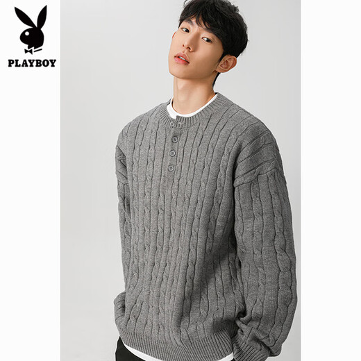 Playboy (PLAYBOY) 2025 New Navy American Henley Collar Sweater Men's Winter Thickened Men's Knitted Sweater Twist Inner Top Navy Blue 2.0 XL