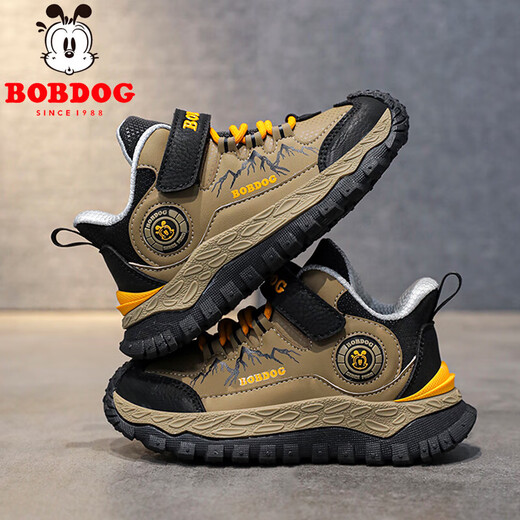 Babu Dou children's cotton shoes winter velvet warm boys' sports shoes leather waterproof primary school students outdoor hiking shoes black brown single shoes 36 (inner length 23.0cm)