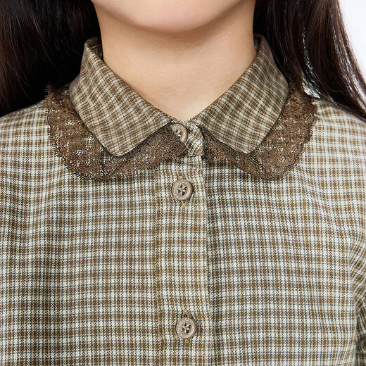 Jnby by JNBY The same style as the show, new Jiangnan Buyi children's long-sleeved shirt A-type loose 25 autumn girls 1P9212840 964/khaki coffee strip/grid 100 cm