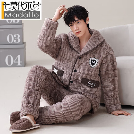 Modal coral velvet pajamas for men in winter plus velvet thickened three-layer cotton spring and autumn home clothes men 2025 warm-keeping suit PMQ three-layer cotton-men 13063 L