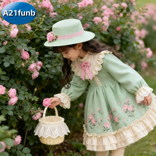 A 21 FUNB Girls 2026 Autumn and Winter New Lolita Sweet Dress Palace Style Western Style Princess Dress Birthday Puffy Dress A79 Green Western Style Sweet Dress 120 cm