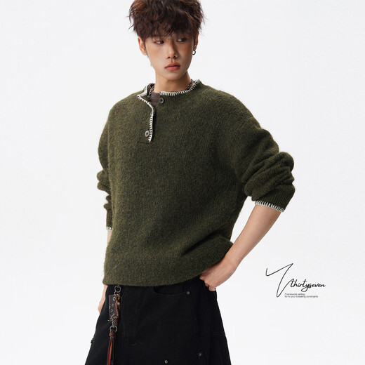 V37 American contrast lace Henry collar sweater for men in autumn retro loose lazy style couple pullover sweater apricot XL