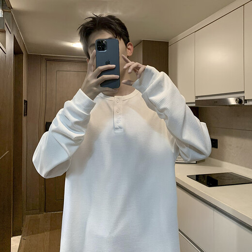 Madisa autumn new Henry collar long-sleeved T-shirt men's versatile retro T-shirt casual sports top ee light gray M