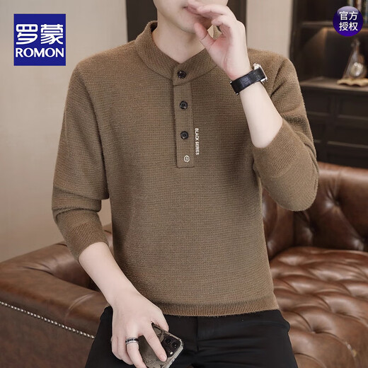 ROMON button sweater men's winter new velvet thickened wool knitted bottoming shirt men's Henry collar warm top Khaki M Recommended 90-100Jin Jin equals 0.5 kg