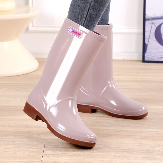 Women's high tube long tube waterproof and non-slip medium tube short tube rain boots plus cotton warm kitchen work rubber shoes 666 medium tube/khaki [single shoes] Standard size 37