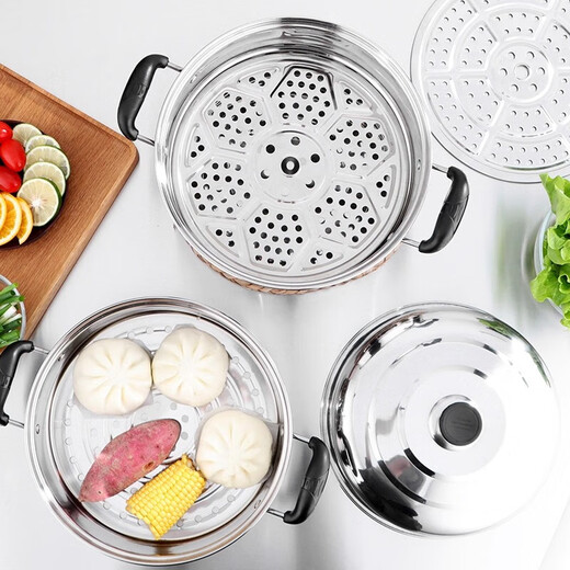 Thickened double-layer stainless steel steamer household two-layer steamed buns and fish steamer extra large commercial soup pot large capacity steamer 2 layers 34cm