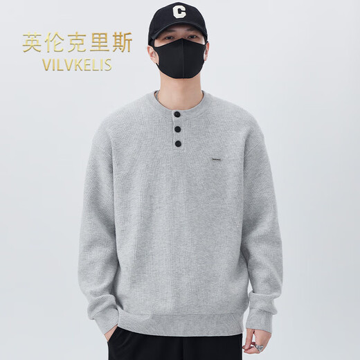 VILVKELIS British Chris sweater men's autumn and winter new loose casual versatile color Henry collar bottoming sweater boys trend gray M _-125Jin Jin equals 0.5 kg
