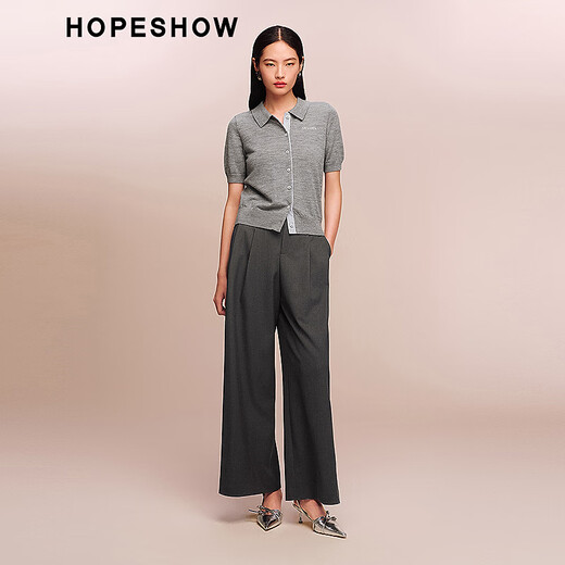 Hongxiu (hopeshow) 2025 new autumn women's clothing Contrast letter jacquard single-breasted short-sleeved shirt collar knitted cardigan Cloud Gray 075 S