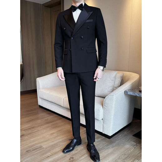 Groom's suit men's suit wedding sense tuxedo Korean style business casual double breasted suit 2502 black suit + vest + trousers free white shirt - tie M M90-105Jin Jin equals 0.5 kg