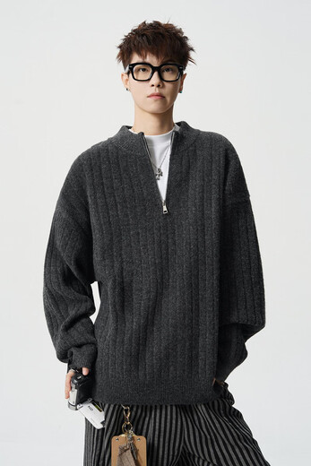 QUOU American half-zip sweater for men and women in winter loose and lazy cleanfit thickened sweater Henry collar jacket apricot 3XL