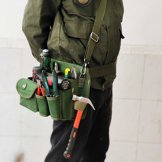 Vinoa Crossbody Reinforced Electrician Tool Bag Canvas Multifunctional Water and Electricity Weak Current Installation Tool Belt Bag Thickened Wear-Resistant and Portable Use Xin03 Military Green Crossbody Enhanced Version (Shoulder Strap + Belt)
