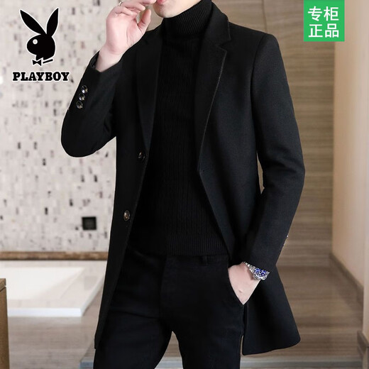 Playboy autumn and winter men's windbreaker mid-length Korean style slim woolen men's coat handsome high-end long woolen coat F81 black cotton thickened 2XL (130-145Jin Jin equals 0.5kg)