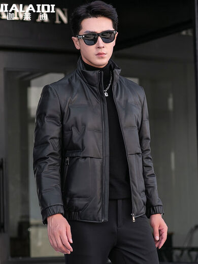 Galedi genuine leather down jacket men's stand collar short sheepskin jacket Haining casual jacket velvet thickened motorcycle leather jacket winter black M 17048