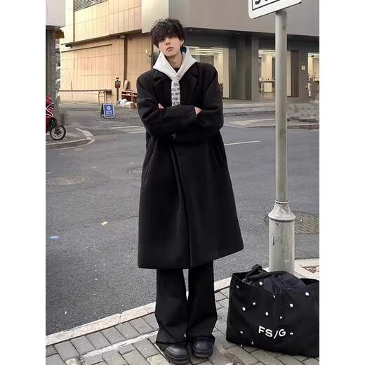 Shelley Jones Abrigo de lana negro de longitud media para hombre Otoño e invierno Nuevo cortavientos por encima de la rodilla de alta calidad Abrigo de lana atractivo estilo británico Negro Regular M Recomendado 80-100 Jin Jin es igual a 0,5 kg