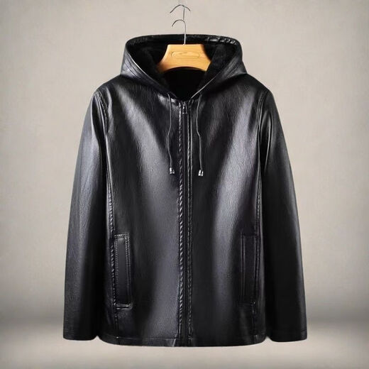ARMANI EXCHANGE Armani's 25-year explosive leather imported PU leather jacket for men in winter plus velvet and thickened dad wear fashion special price hooded black M
